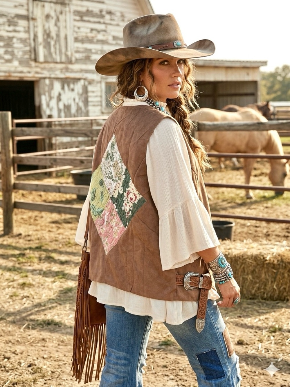 Upcycled Quilted back detailing on vegan suede boho vest rustic cottagecore vibe